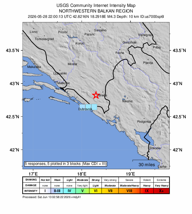 USGS DYFI community-reported intensity map for the M4.3 earthquake near 12 km WSW of Bileća, Bosnia and Herzegovina