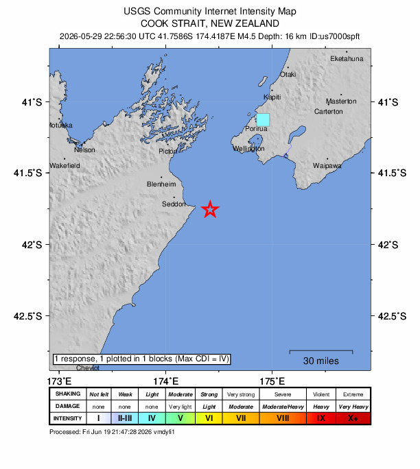USGS DYFI community-reported intensity map for the M4.5 earthquake near 42 km SE of Witherlea, New Zealand