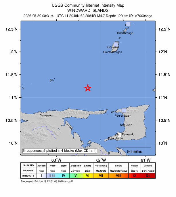 USGS DYFI community-reported intensity map for the M4.7 earthquake near 69 km N of Güiria, Venezuela