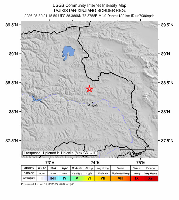 USGS DYFI community-reported intensity map for the M4.9 earthquake near 25 km NNW of Murghob, Tajikistan