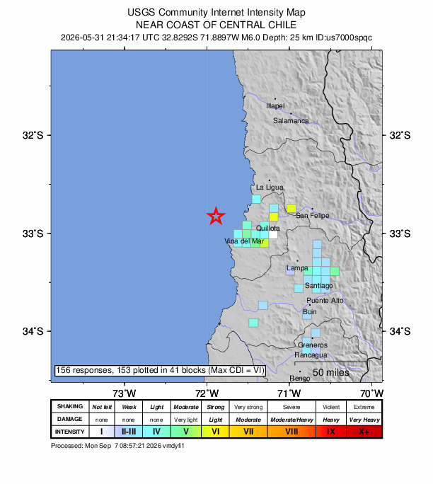 USGS DYFI community-reported intensity map for the M6.0 earthquake near 33 km NW of Valparaíso, Chile
