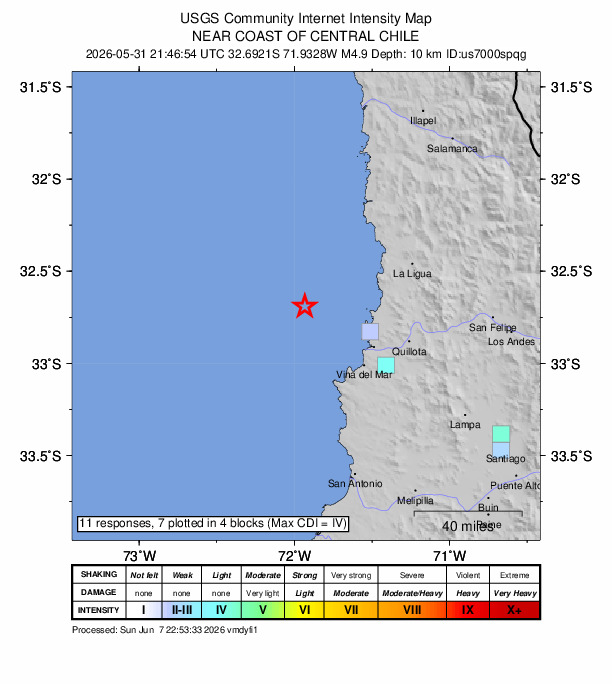 USGS DYFI community-reported intensity map for the M4.9 earthquake near 47 km NW of Valparaíso, Chile