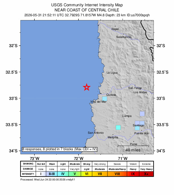 USGS DYFI community-reported intensity map for the M4.8 earthquake near 32 km NNW of Valparaíso, Chile