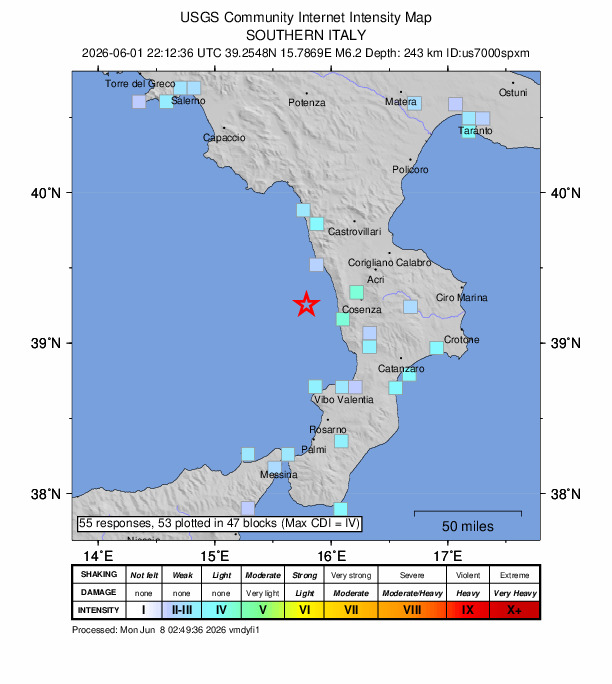USGS DYFI community-reported intensity map for the M6.2 earthquake near 23 km WSW of San Lucido, Italy