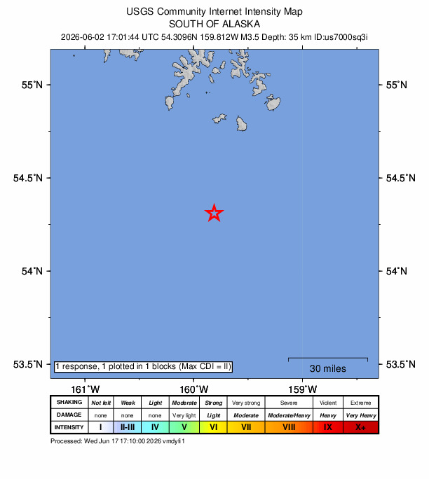 USGS DYFI community-reported intensity map for the M3.5 earthquake near 122 km SSE of Sand Point, Alaska