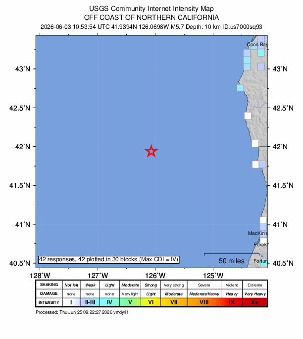 USGS DYFI community-reported intensity map for the M5.7 earthquake near 143 km WSW of Pistol River, Oregon