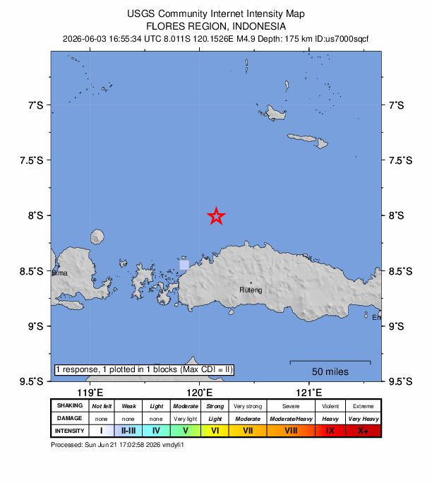 USGS DYFI community-reported intensity map for the M4.9 earthquake near 61 km NNE of Labuan Bajo, Indonesia