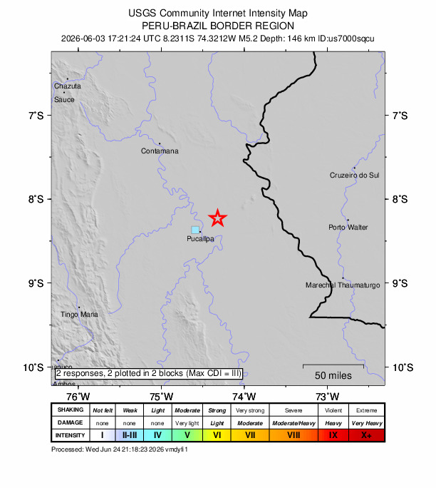 USGS DYFI community-reported intensity map for the M5.2 earthquake near 30 km NE of San Fernando, Peru