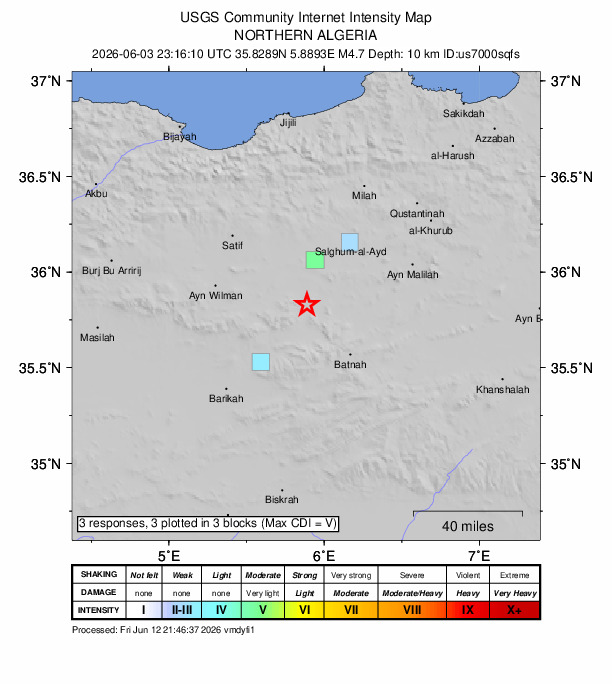 USGS DYFI community-reported intensity map for the M4.7 earthquake near 8 km WNW of Draa Klalouche, Algeria