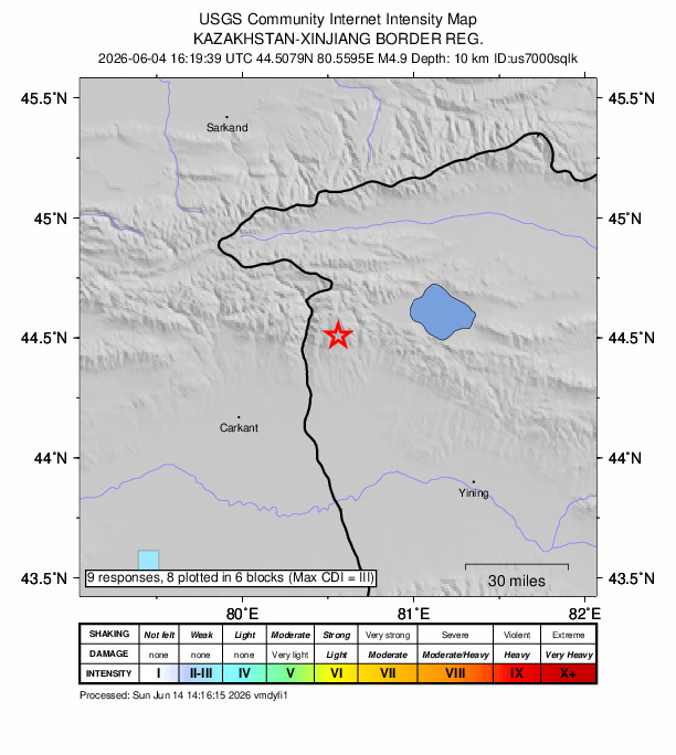 USGS DYFI community-reported intensity map for the M4.9 earthquake near 56 km NNW of Huocheng, China