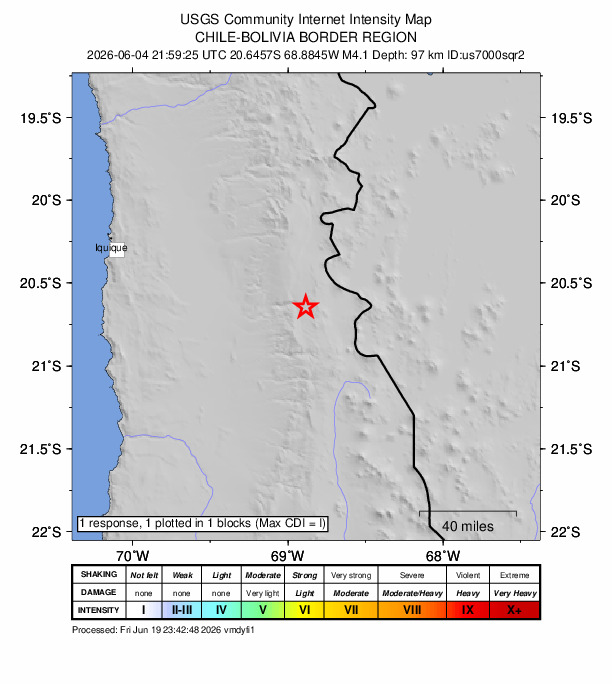 USGS DYFI community-reported intensity map for the M4.1 earthquake near 87 km ESE of La Tirana, Chile