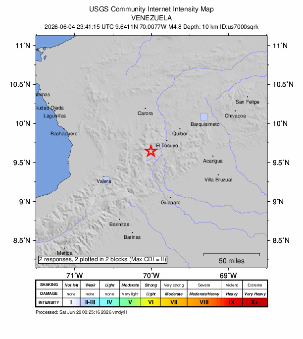 USGS DYFI community-reported intensity map for the M4.8 earthquake near 28 km SW of El Tocuyo, Venezuela