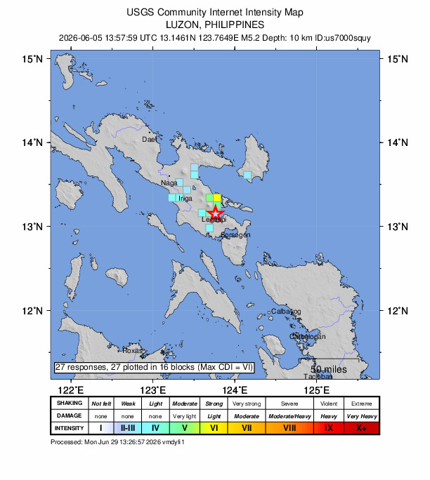USGS DYFI community-reported intensity map for the M5.2 earthquake near 1 km SE of San Roque, Philippines