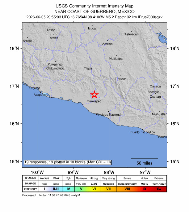 USGS DYFI community-reported intensity map for the M5.2 earthquake near 0 km SW of Acatepec, Mexico
