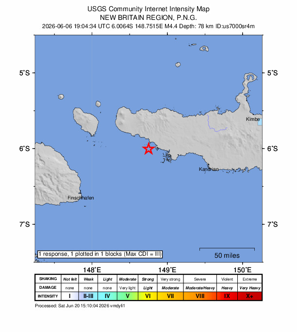 USGS DYFI community-reported intensity map for the M4.4 earthquake near 90 km WNW of Kandrian, Papua New Guinea