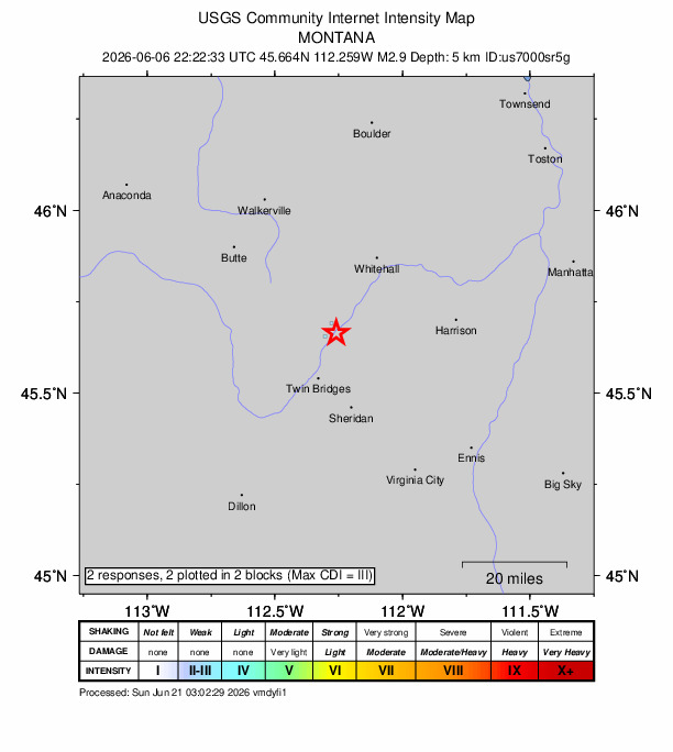 USGS DYFI community-reported intensity map for the M2.9 earthquake near 14 km NNE of Twin Bridges, Montana