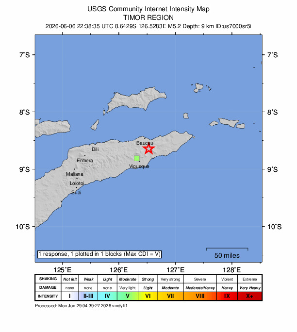 USGS DYFI community-reported intensity map for the M5.2 earthquake near 16 km E of Venilale, Timor Leste
