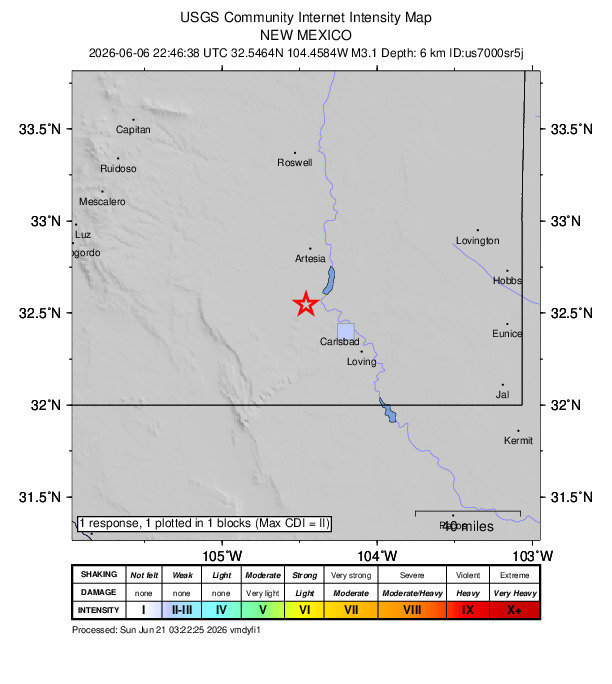 USGS DYFI community-reported intensity map for the M3.1 earthquake near 25 km WNW of La Huerta, New Mexico