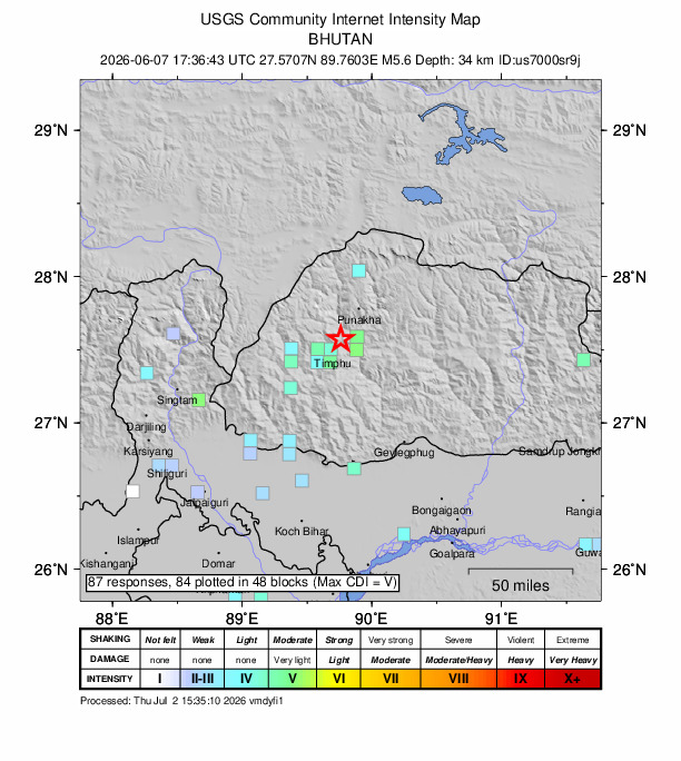 USGS DYFI community-reported intensity map for the M5.6 earthquake near 13 km WSW of Punākha, Bhutan