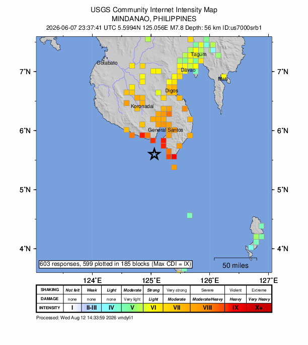 USGS DYFI community-reported intensity map for the M7.8 earthquake near 25 km SW of Kablalan, Philippines