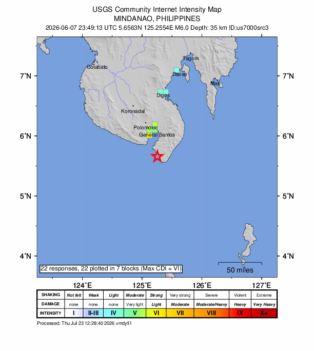USGS DYFI community-reported intensity map for the M6.0 earthquake near 5 km SSW of Pangyan, Philippines