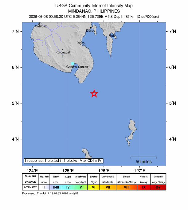USGS DYFI community-reported intensity map for the M5.8 earthquake near 35 km ESE of Sarangani, Philippines