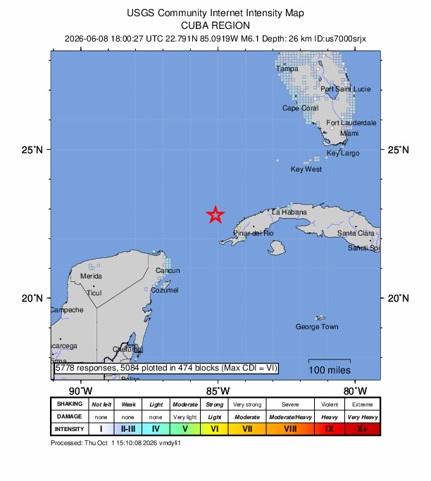 USGS DYFI community-reported intensity map for the M6.1 earthquake near 99 km WNW of Mantua, Cuba