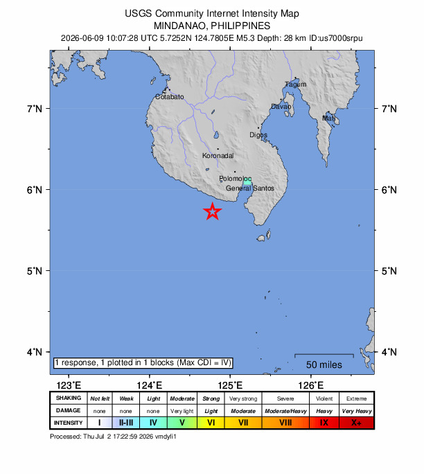 USGS DYFI community-reported intensity map for the M5.3 earthquake near 25 km SSW of Katubao, Philippines