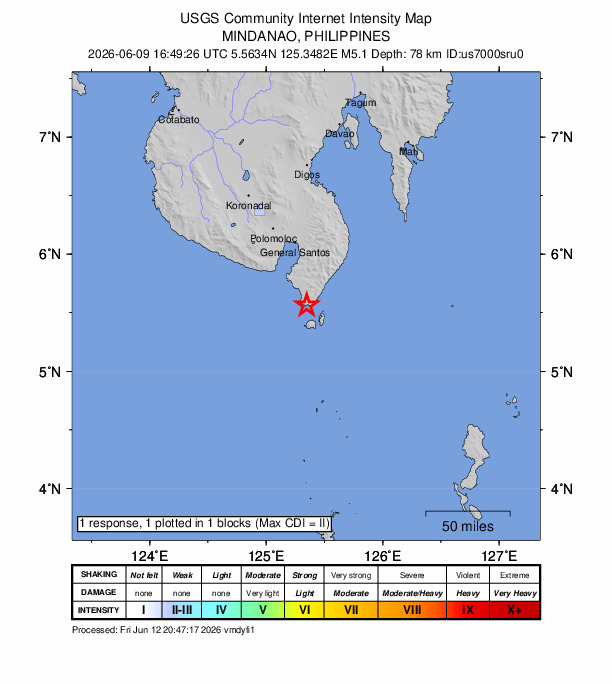 USGS DYFI community-reported intensity map for the M5.1 earthquake near 1 km SSW of Balangonan, Philippines