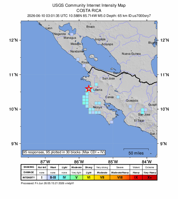 USGS DYFI community-reported intensity map for the M5.0 earthquake near 10 km NW of Sardinal, Costa Rica