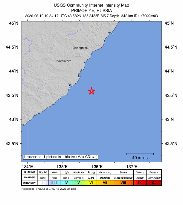 USGS DYFI community-reported intensity map for the M5.7 earthquake near 48 km ESE of Ol’ga, Russia
