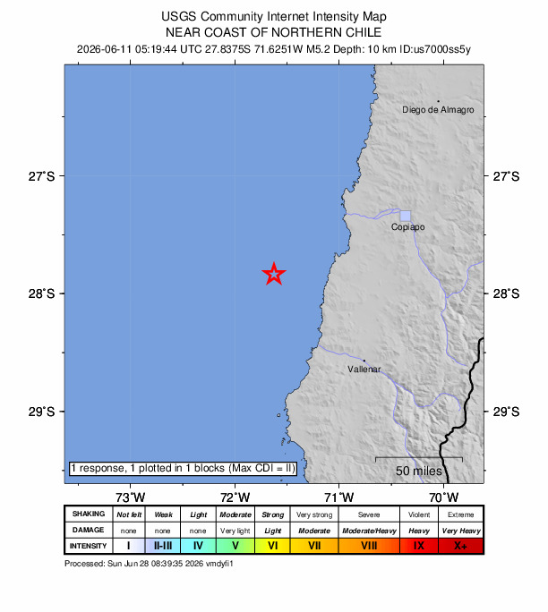 USGS DYFI community-reported intensity map for the M5.2 earthquake near 118 km NW of Vallenar, Chile