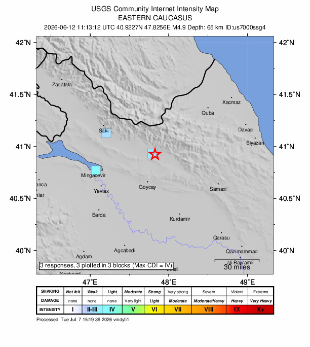 USGS DYFI community-reported intensity map for the M4.9 earthquake near 6 km SSW of Qutqashen, Azerbaijan