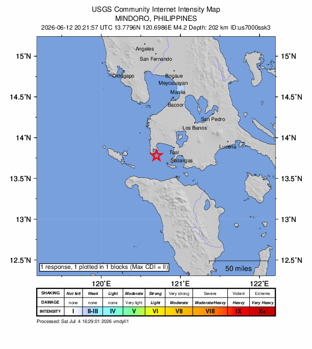 USGS DYFI community-reported intensity map for the M4.2 earthquake near 7 km S of Hukay, Philippines