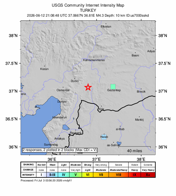 USGS DYFI community-reported intensity map for the M4.3 earthquake near 13 km SSE of Nurdağı, Turkey