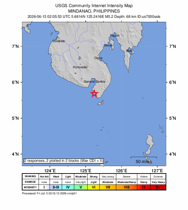 USGS DYFI community-reported intensity map for the M5.2 earthquake near 1 km WNW of Burias, Philippines