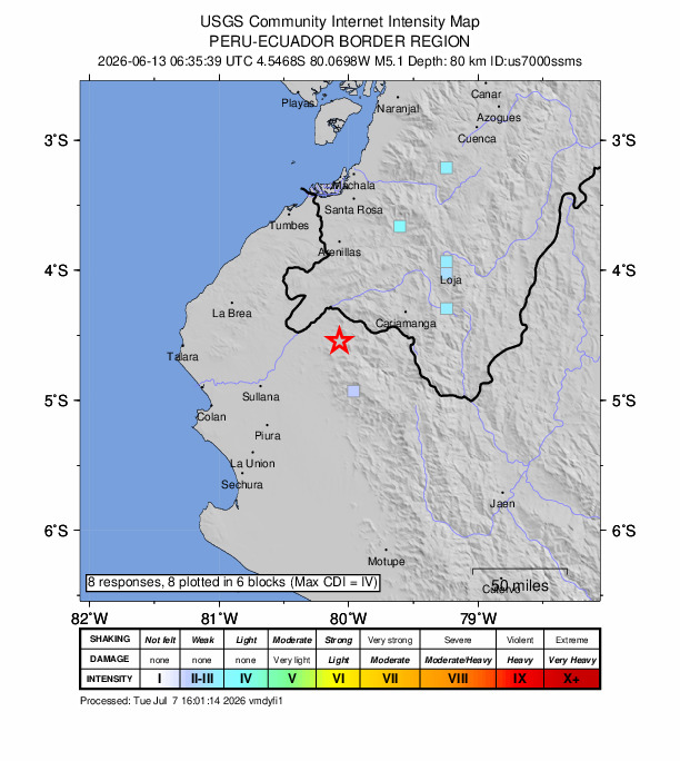 USGS DYFI community-reported intensity map for the M5.1 earthquake near 8 km WSW of Suyo, Peru