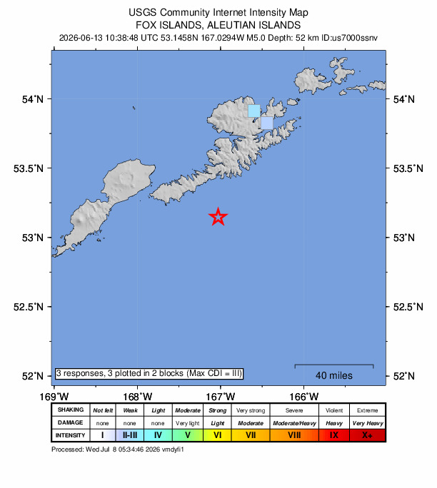 USGS DYFI community-reported intensity map for the M5.0 earthquake near 83 km SSW of Unalaska, Alaska