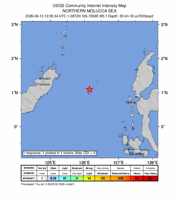 USGS DYFI community-reported intensity map for the M5.1 earthquake near 120 km ESE of Bitung, Indonesia