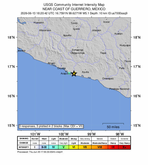 USGS DYFI community-reported intensity map for the M5.1 earthquake near 2 km S of Cerro de Piedra, Mexico