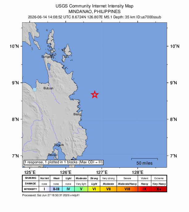 USGS DYFI community-reported intensity map for the M5.1 earthquake near 58 km ESE of Marihatag, Philippines