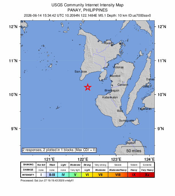 USGS DYFI community-reported intensity map for the M5.1 earthquake near 30 km SE of Magdalena, Philippines