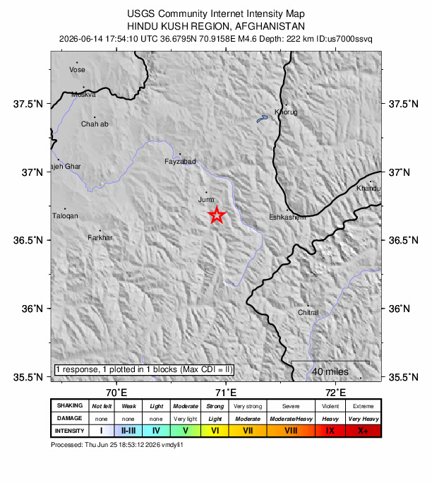 USGS DYFI community-reported intensity map for the M4.6 earthquake near 21 km SSE of Jurm, Afghanistan