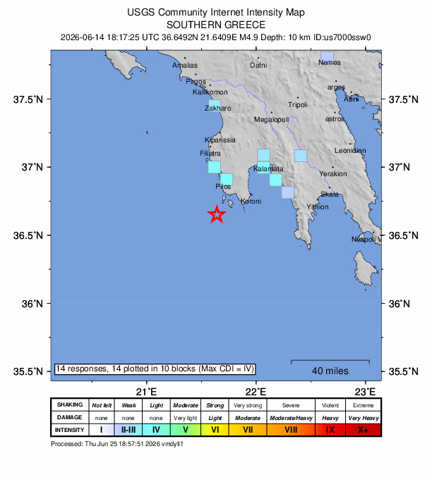 USGS DYFI community-reported intensity map for the M4.9 earthquake near 19 km SSW of Methóni, Greece