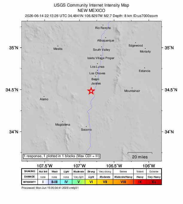 USGS DYFI community-reported intensity map for the M2.7 earthquake near 2 km NW of Abeytas, New Mexico