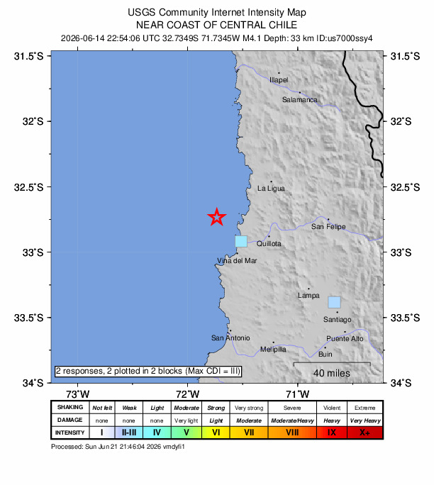 USGS DYFI community-reported intensity map for the M4.1 earthquake near 34 km NNW of Valparaíso, Chile