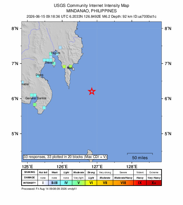 USGS DYFI community-reported intensity map for the M6.2 earthquake near 76 km ESE of Pondaguitan, Philippines
