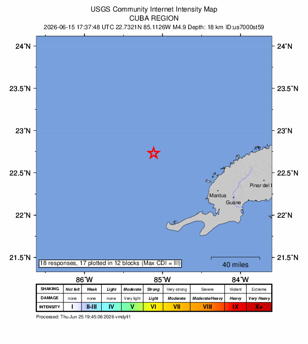 USGS DYFI community-reported intensity map for the M4.9 earthquake near 98 km WNW of Mantua, Cuba