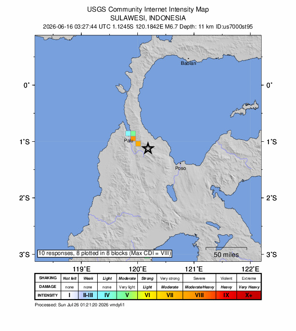 USGS DYFI community-reported intensity map for the M6.7 earthquake near 42 km SE of Palu, Indonesia