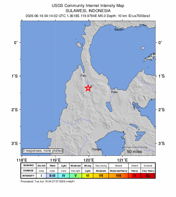 USGS DYFI community-reported intensity map for the M5.1 earthquake near 51 km SE of Palu, Indonesia